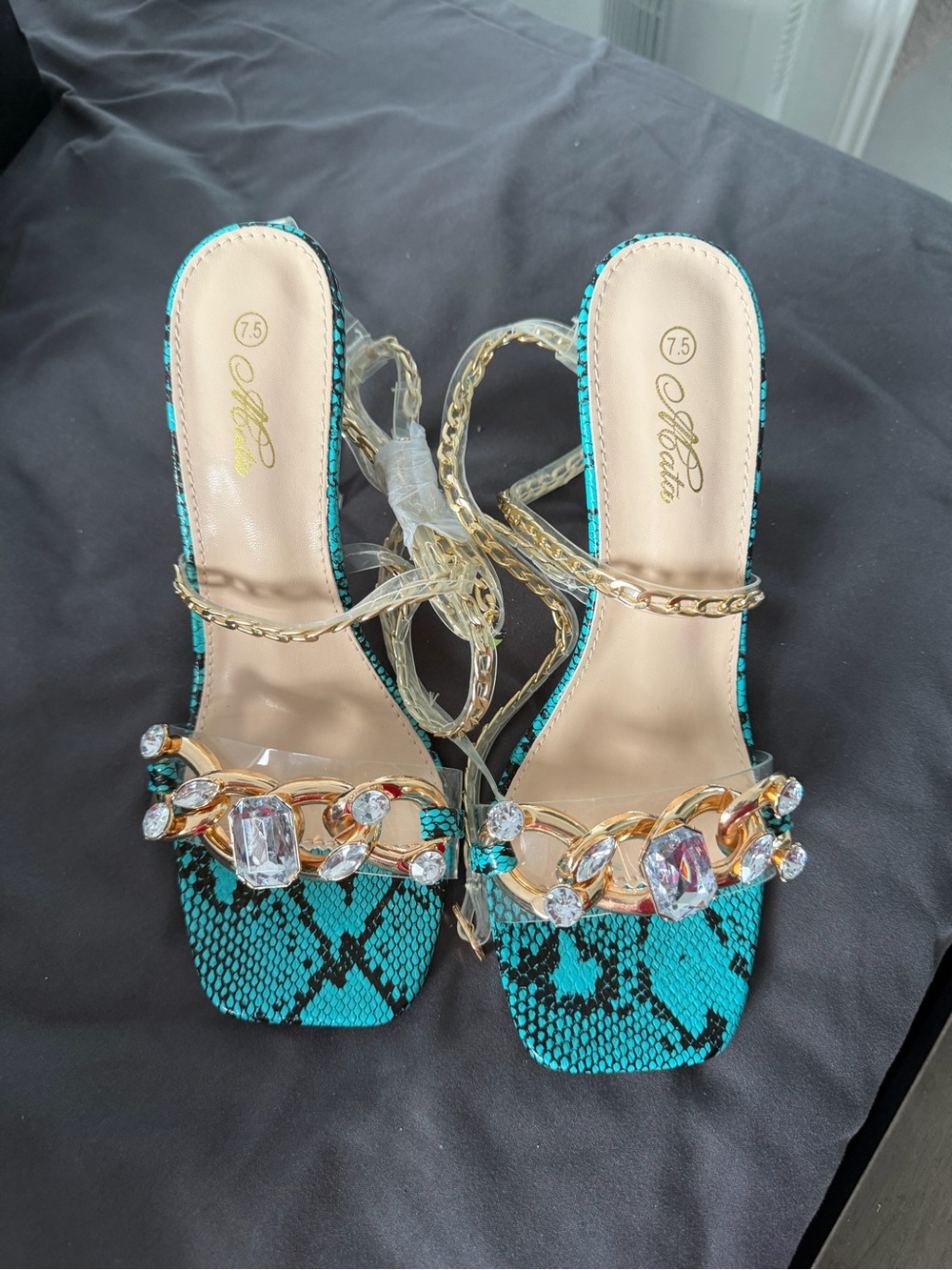 Embellished Turquoise Snake-Print Heeled Sandals with Gold Chain